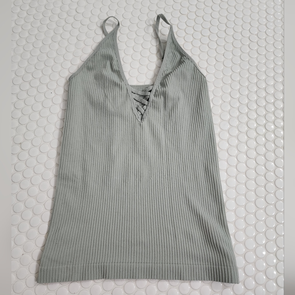 Super fitted sage green tank with cross over front